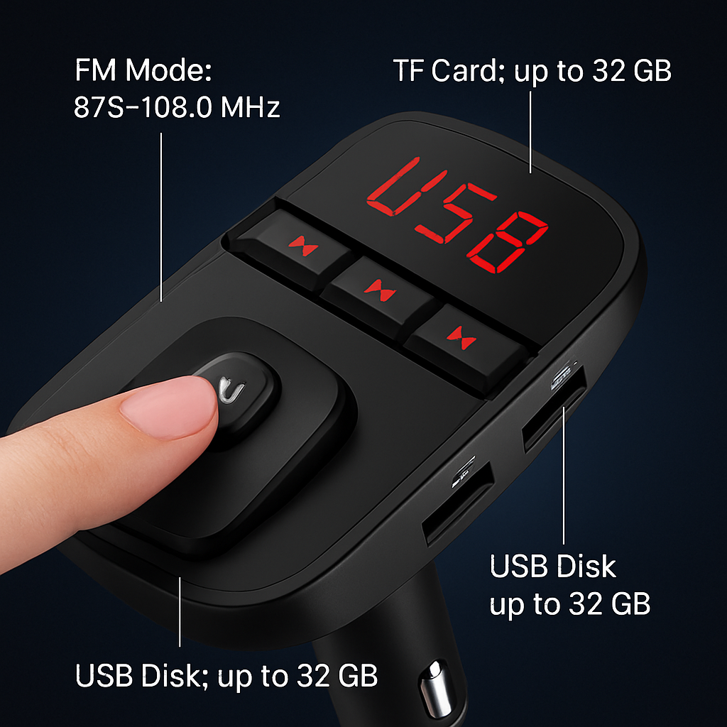 Car FM Transmitter with Wireless Earpiece for Hands-Free