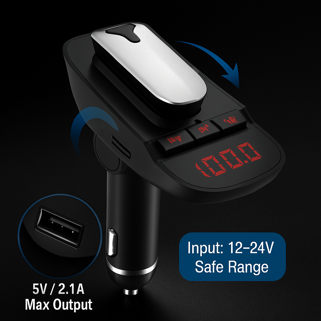 Car FM Transmitter with Wireless Earpiece for Hands-Free