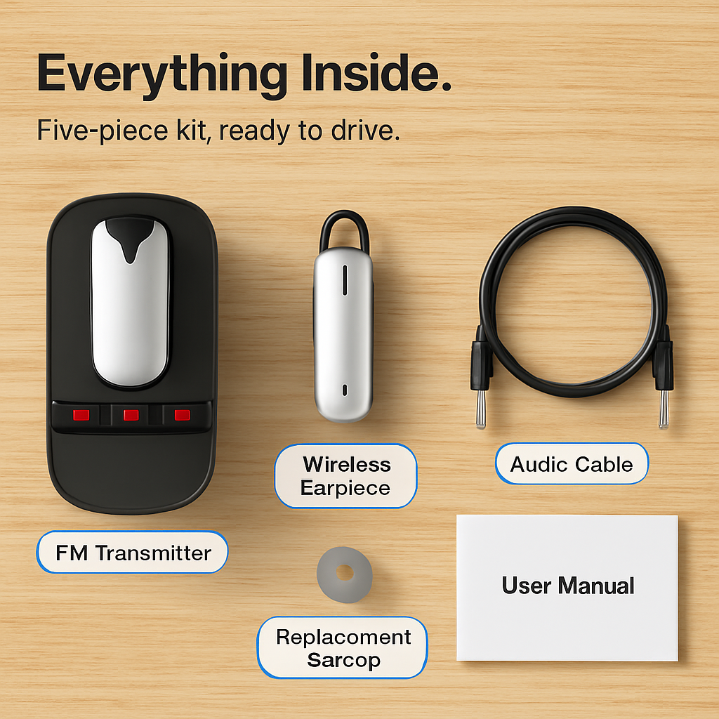 Car FM Transmitter with Wireless Earpiece for Hands-Free
