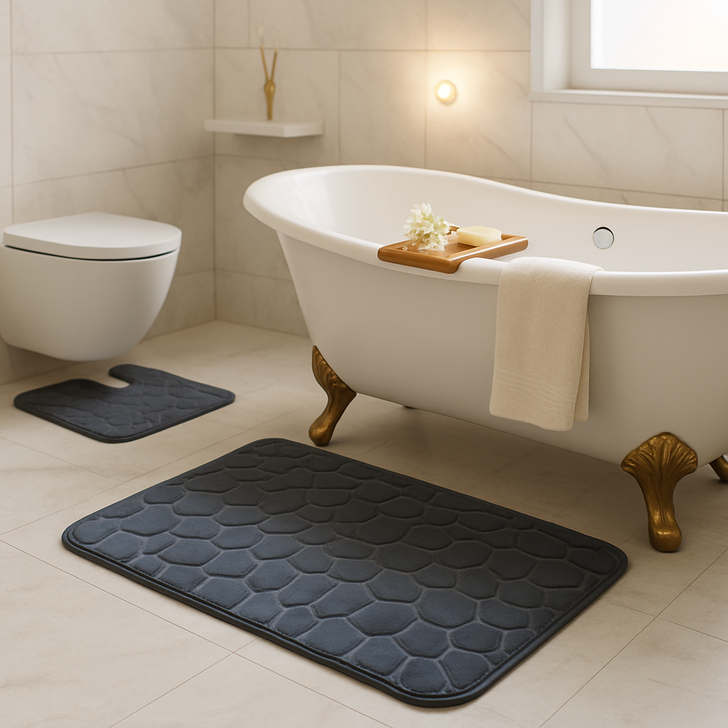 Pebble Pattern Bathroom Rugs Set with Non-Slip Backing