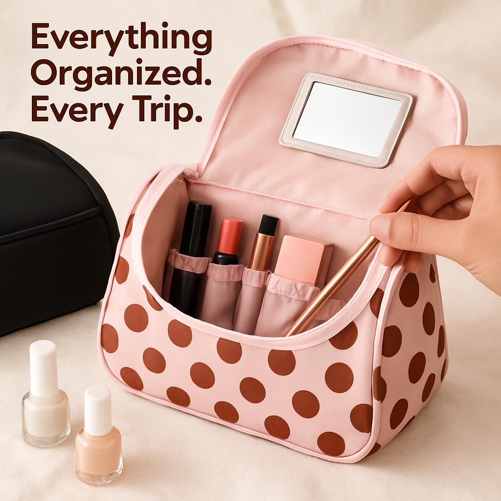 Travel Makeup Bag with Mirror - Compact Organizer
