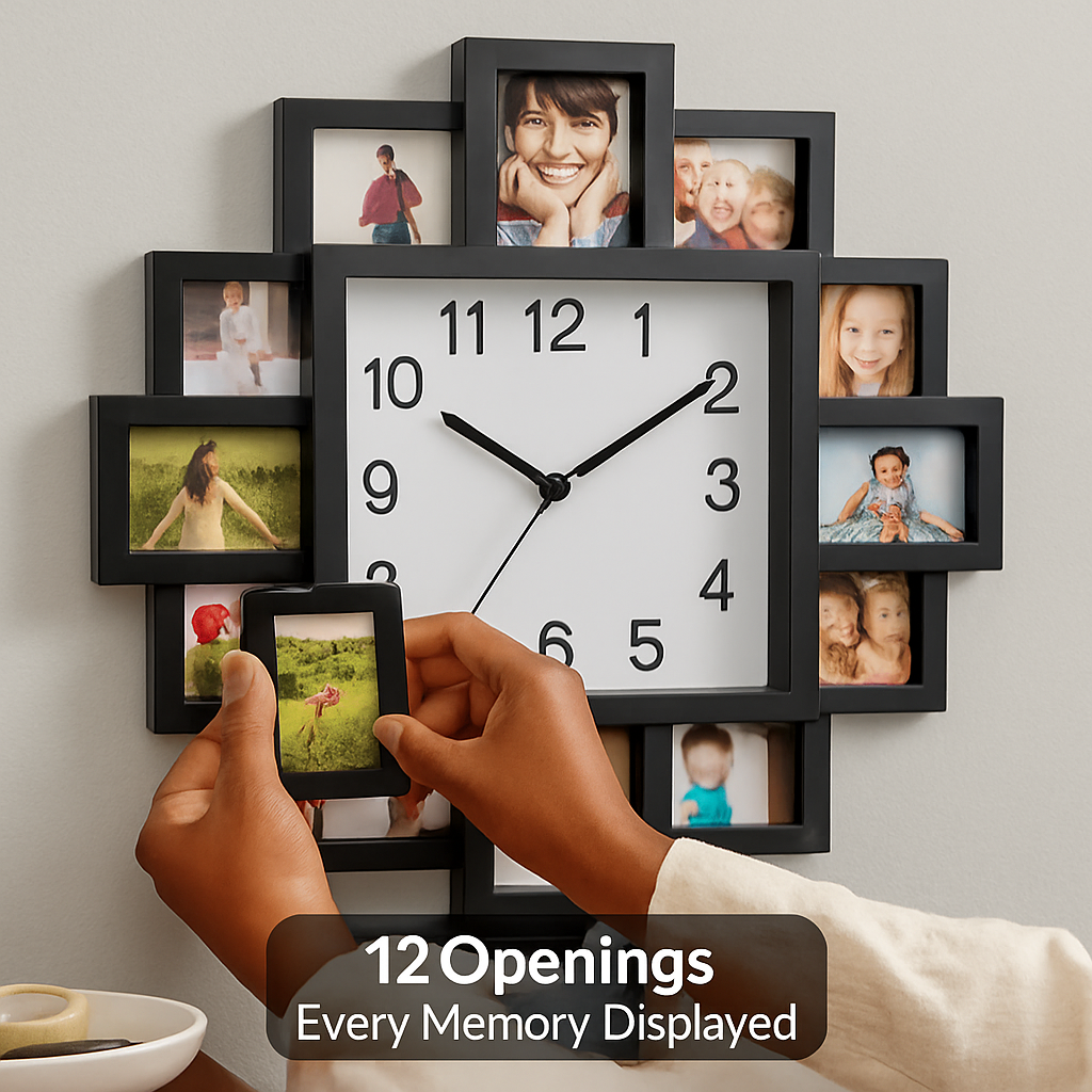Photo Frame Clock: 12-Photo Collage Wall Display