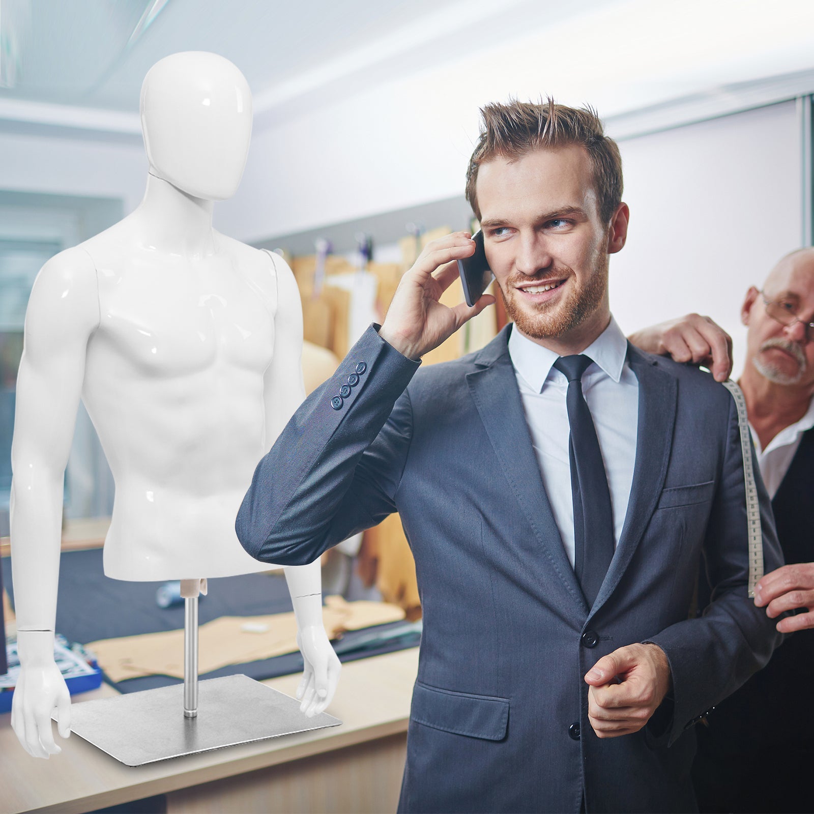 Plastic Half Body Head Turn Male Mannequin with Base