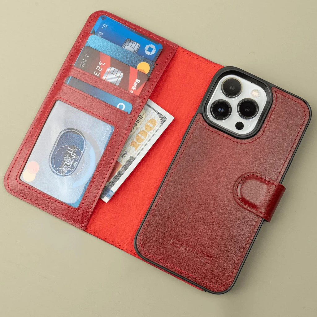 iPhone 16 Series Red Leather Wallet Case - New York
