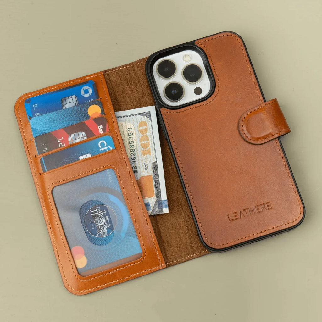iPhone 16 Series Rustic Brown Leather Wallet Case - New York