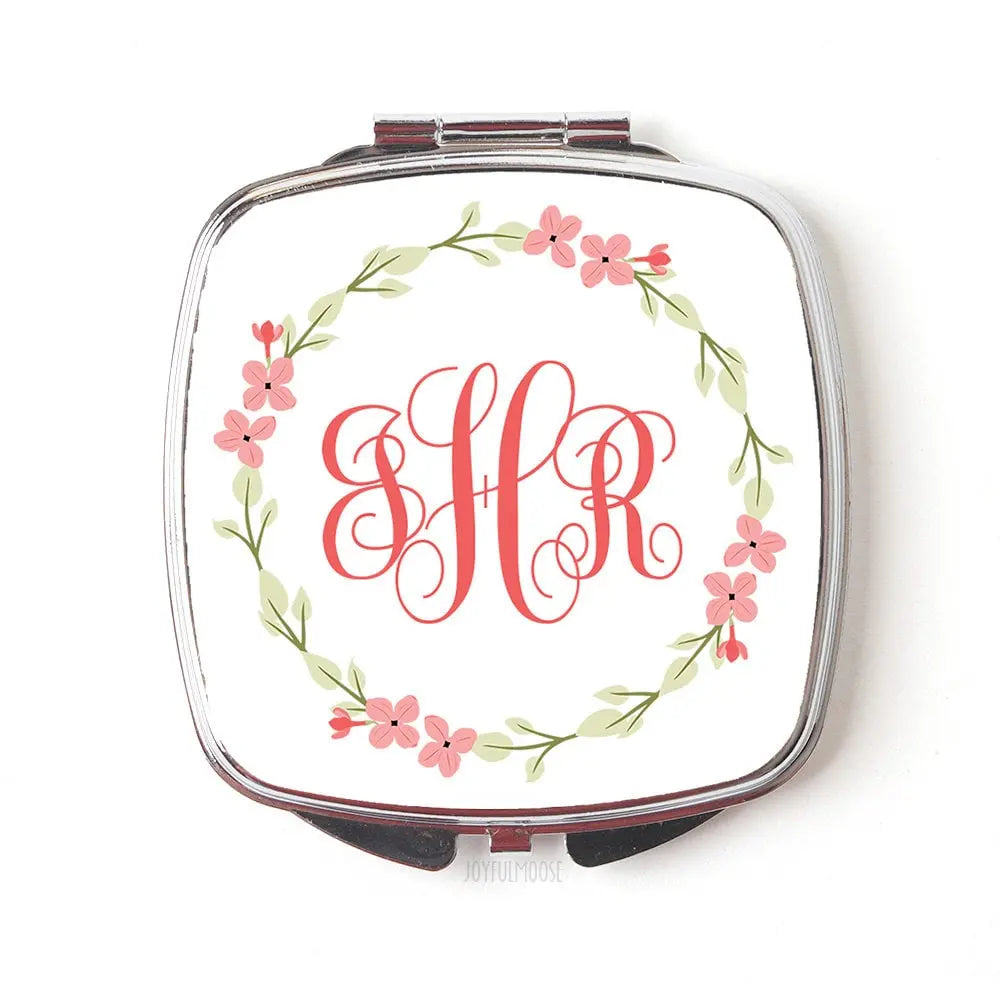 Bridesmaids Gifts Monogram Compact Mirror - Pocket Mirror - Purse Mirror - Coral Floral Wreath