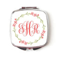 Bridesmaids Gifts Monogram Compact Mirror - Pocket Mirror - Purse Mirror - Coral Floral Wreath