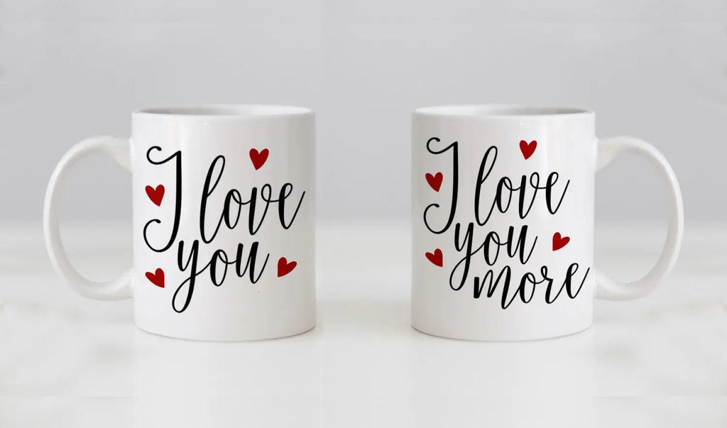 Mug Set, his n hers, I Love You & I Love You More, Valentines Day Gifts, Wedding Gift Coffee Mug Set, Anniversary Gift