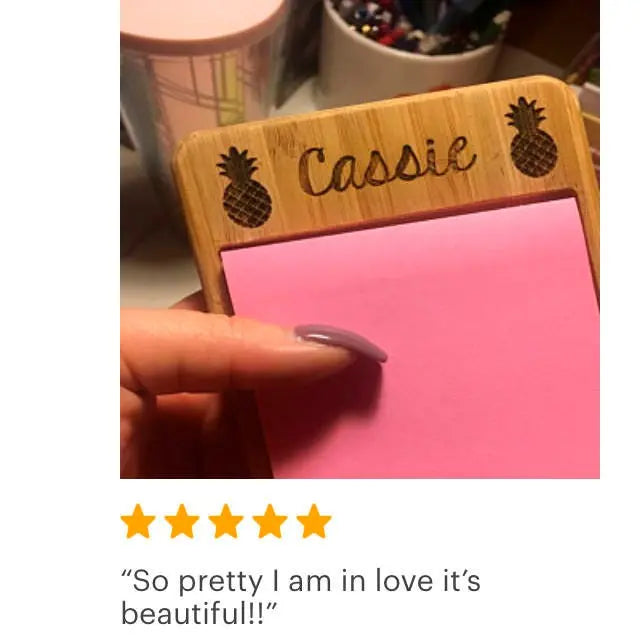 Personalized Floral or Pineapple Bamboo Wood Sticky Note Holder, Custom Teacher Gift
