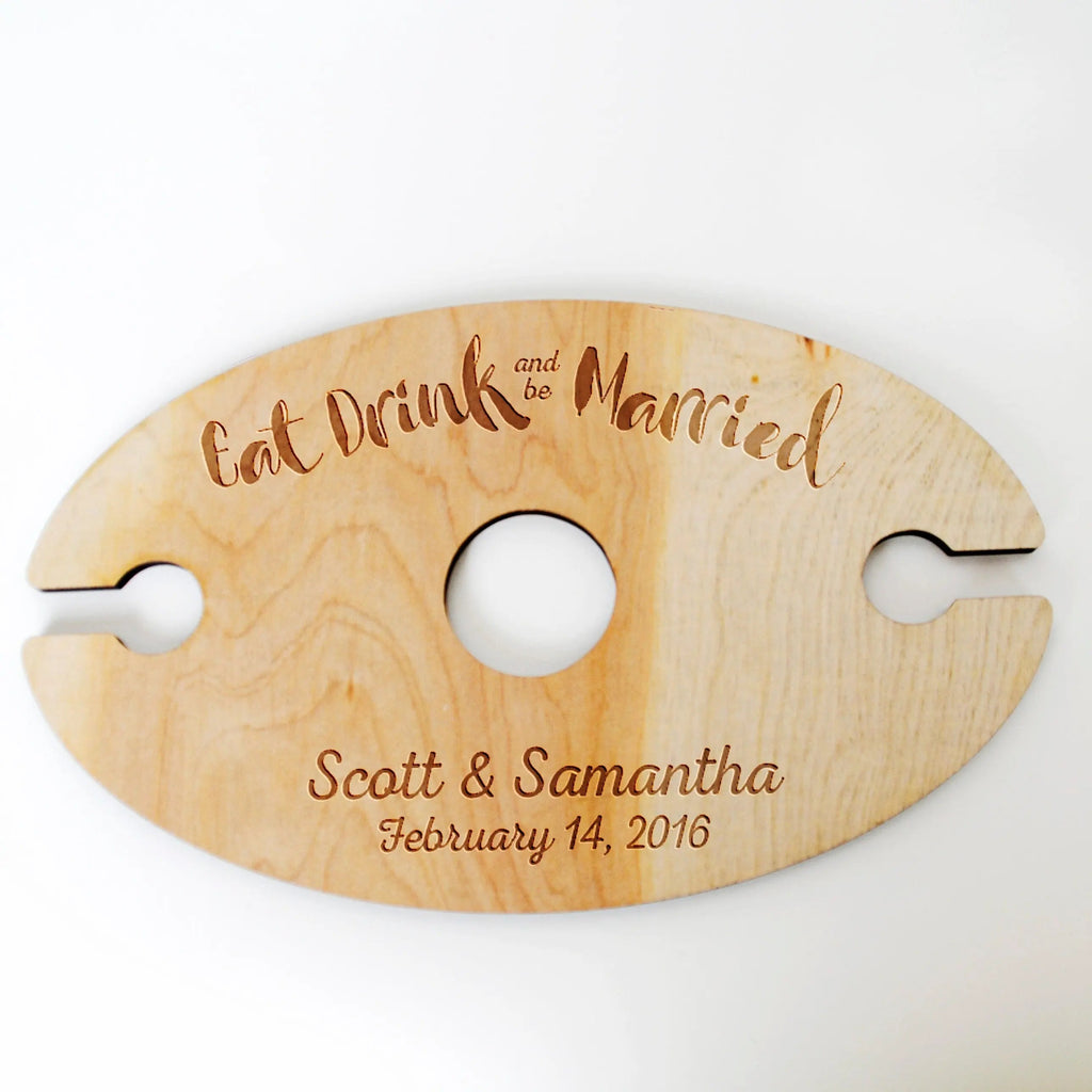 Wine Glass Holder - Wedding Gift - Eat Drink & Be Married - Personalized Wood Wine Glass Carrier
