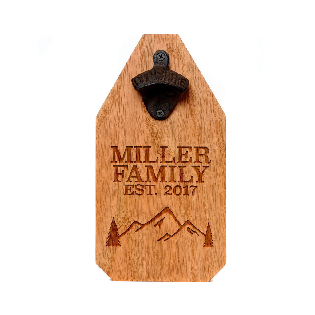 Personalized Wood Sign | Engraved Bottle Opener with Rustic Mountain Cabin Decor & Family Name