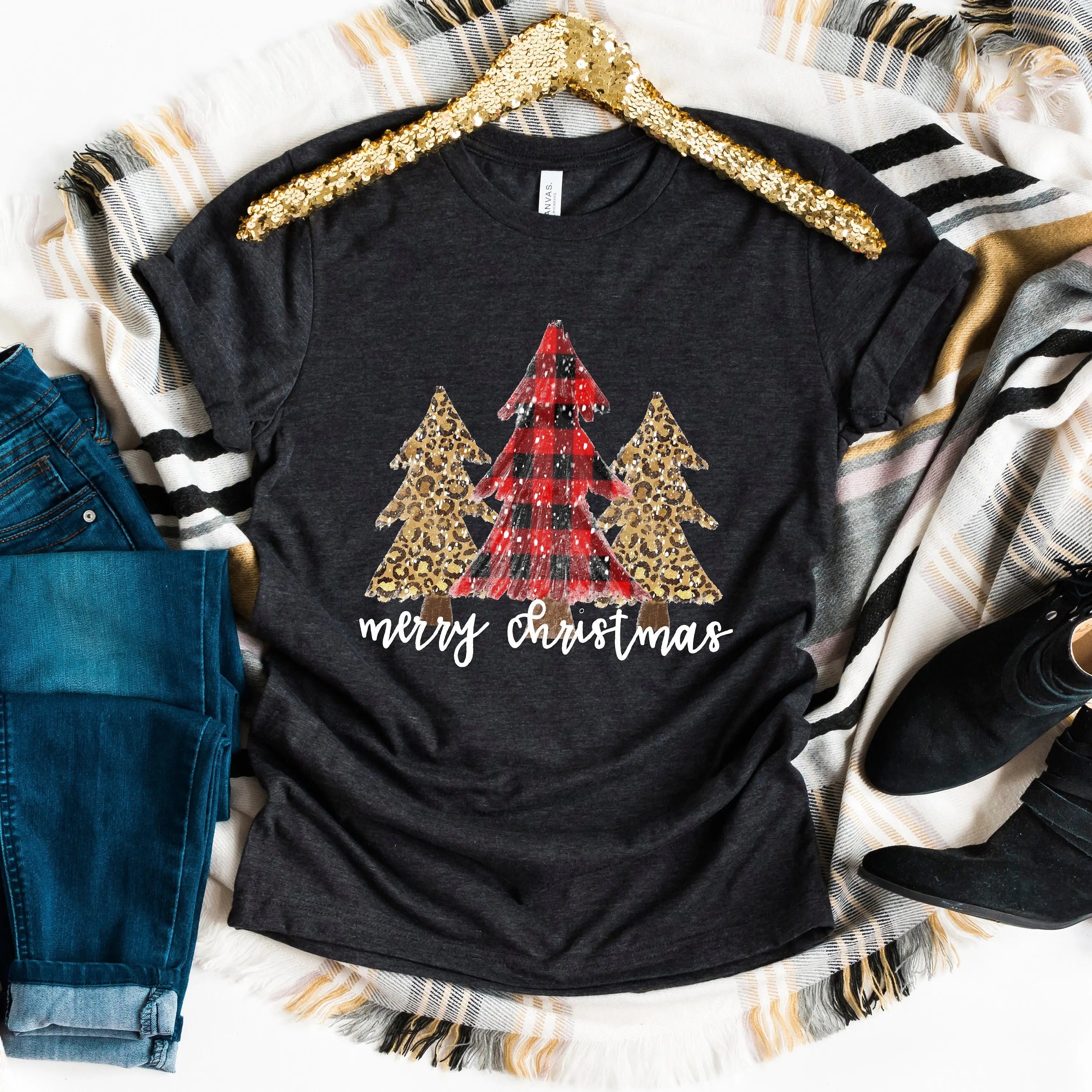 Merry Christmas Shirt Trees Cheetah Print Buffalo Check Plaid