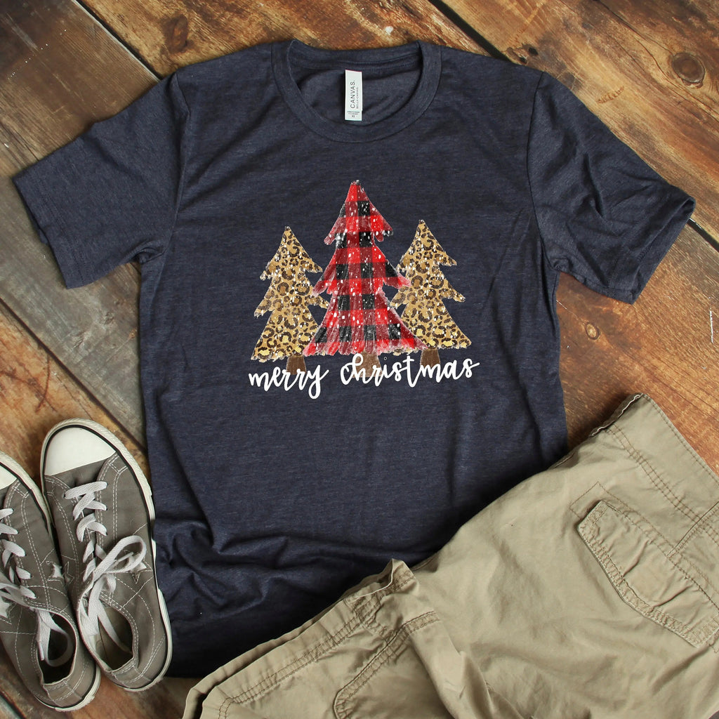 Merry Christmas Shirt Trees Cheetah Print Buffalo Check Plaid