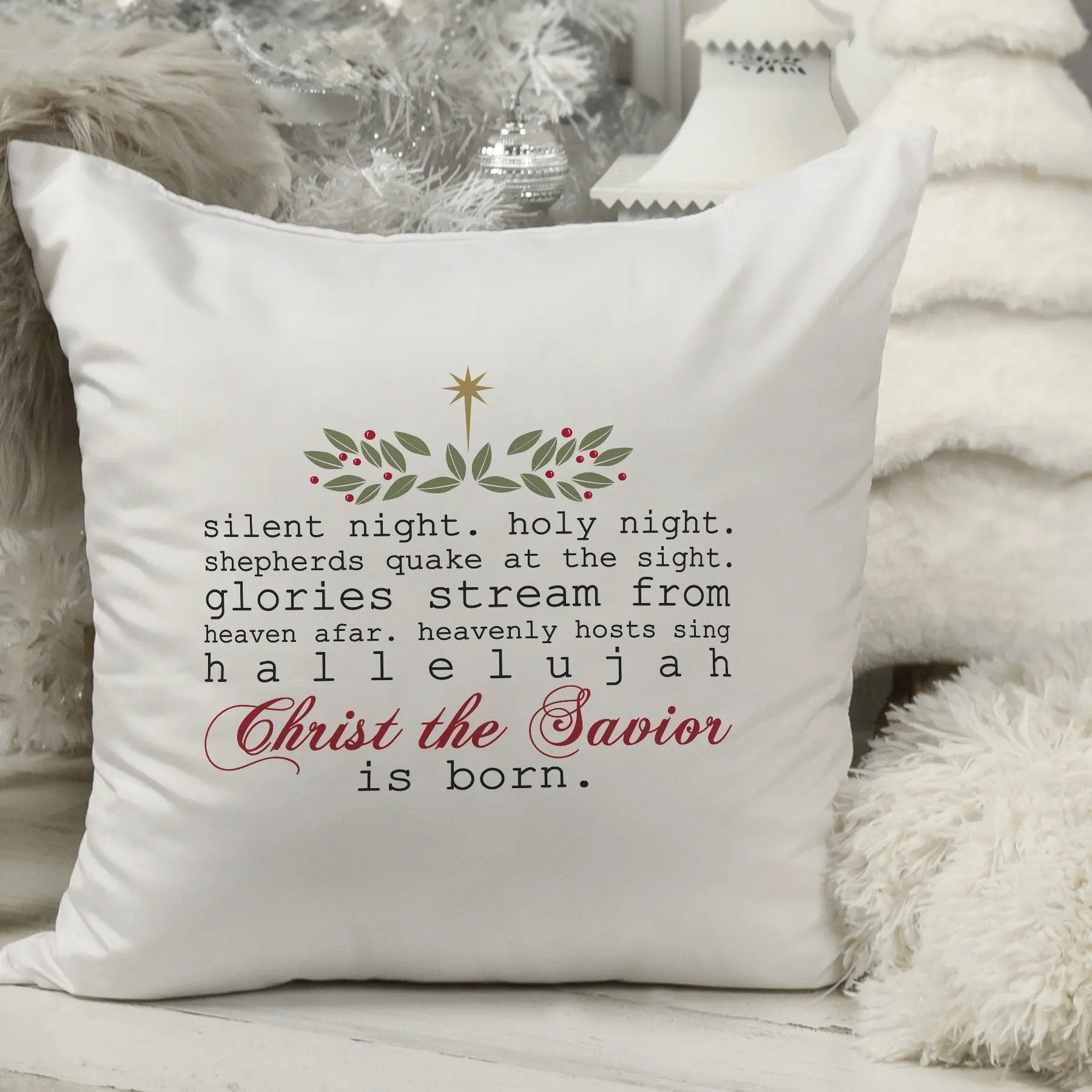 Silent Night Christmas Pillow - Hallelujah Christ the Savior is Born Christmas Decor