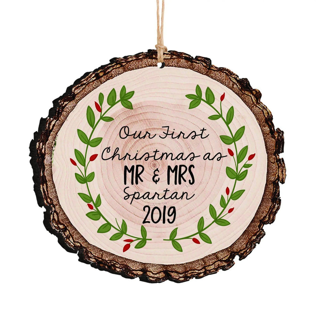 Wedding Gift, Our First Christmas as Mr & Mrs Christmas Ornament, Personalized Rustic Wood Slice Tree Ornament