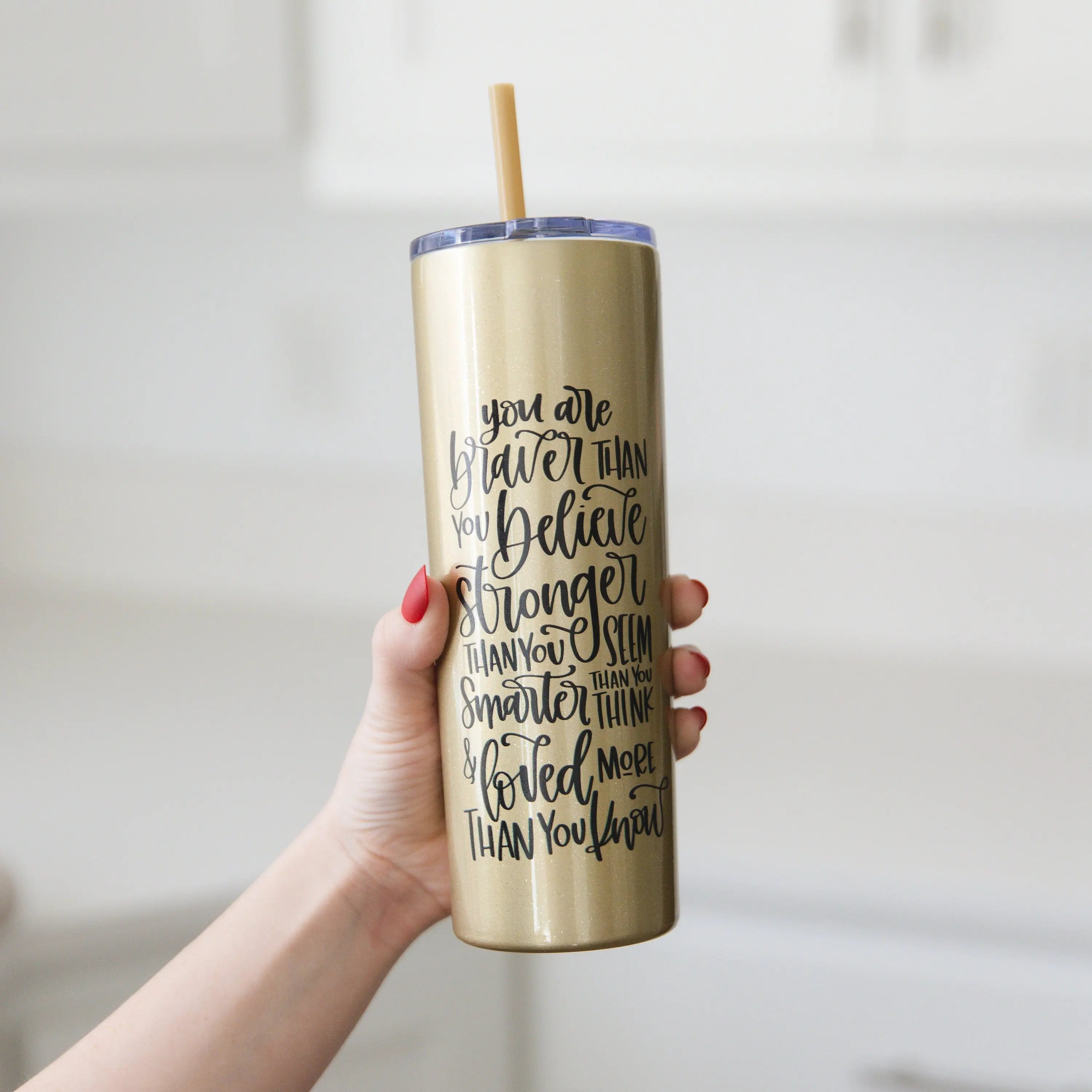 Inspirational Water Bottle, Encouragement Gift, Glitter Skinny Tumbler, Brave Strong Smart Loved Travel Cup