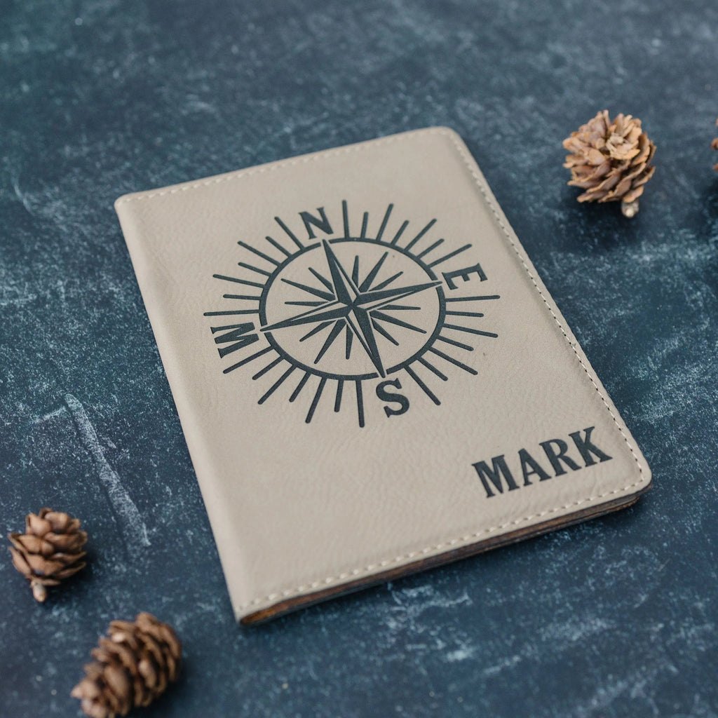Personalized Passport Holder – Engraved Faux Leather Passport Cover With Compass Design