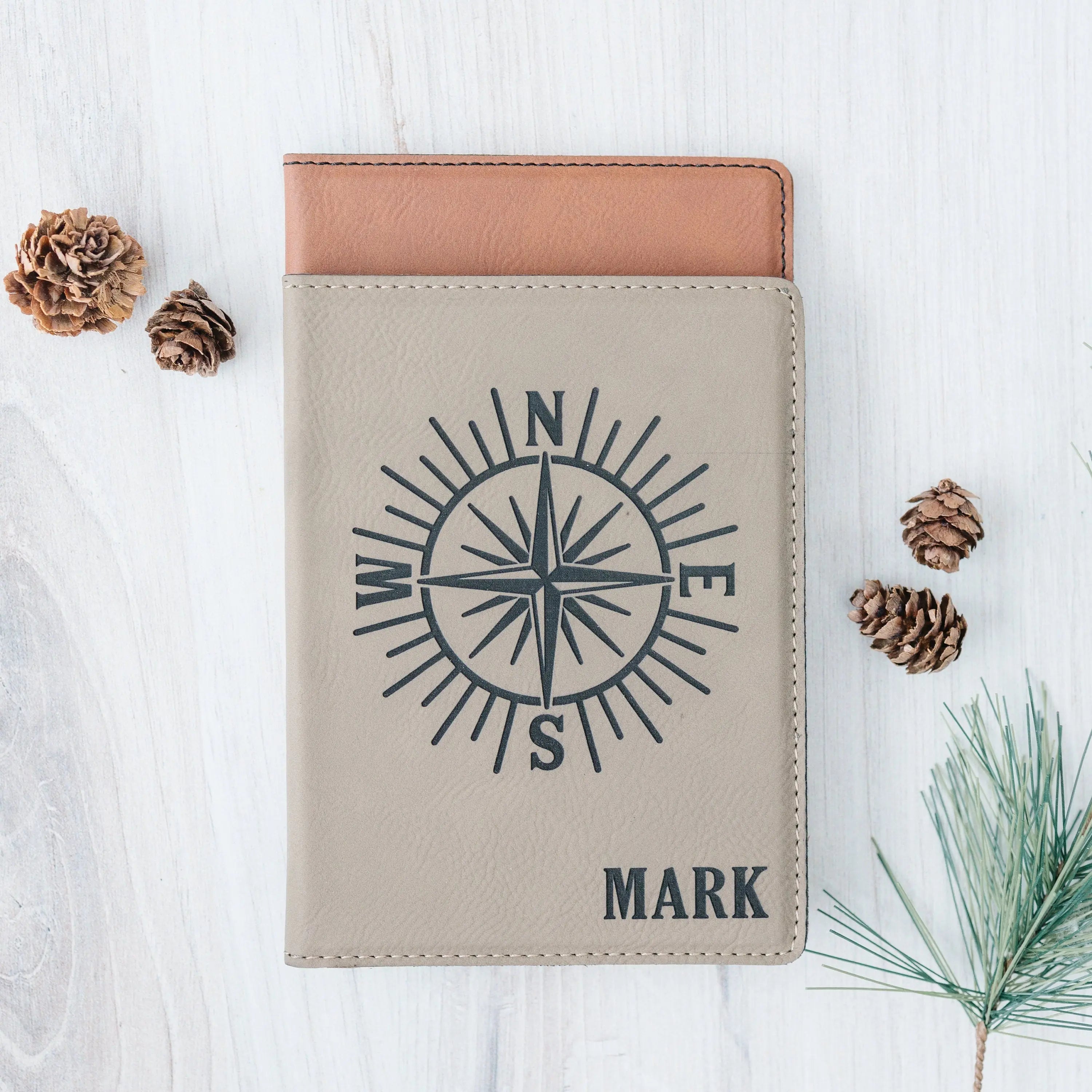 Personalized Passport Holder – Engraved Faux Leather Passport Cover With Compass Design