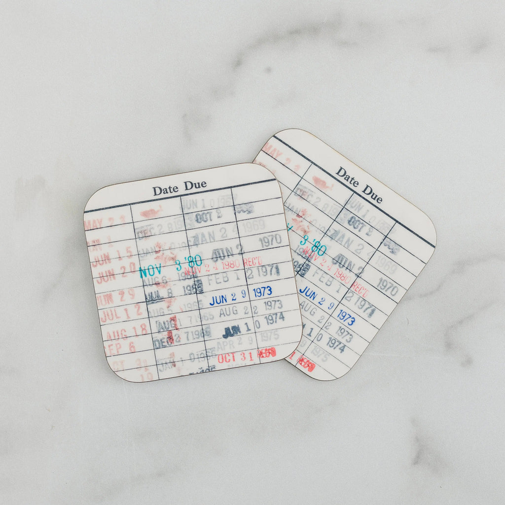 Library Card Coaster - Librarian Gift Set of Coasters - Reading Reader Book - Vintage Library Due Date Card