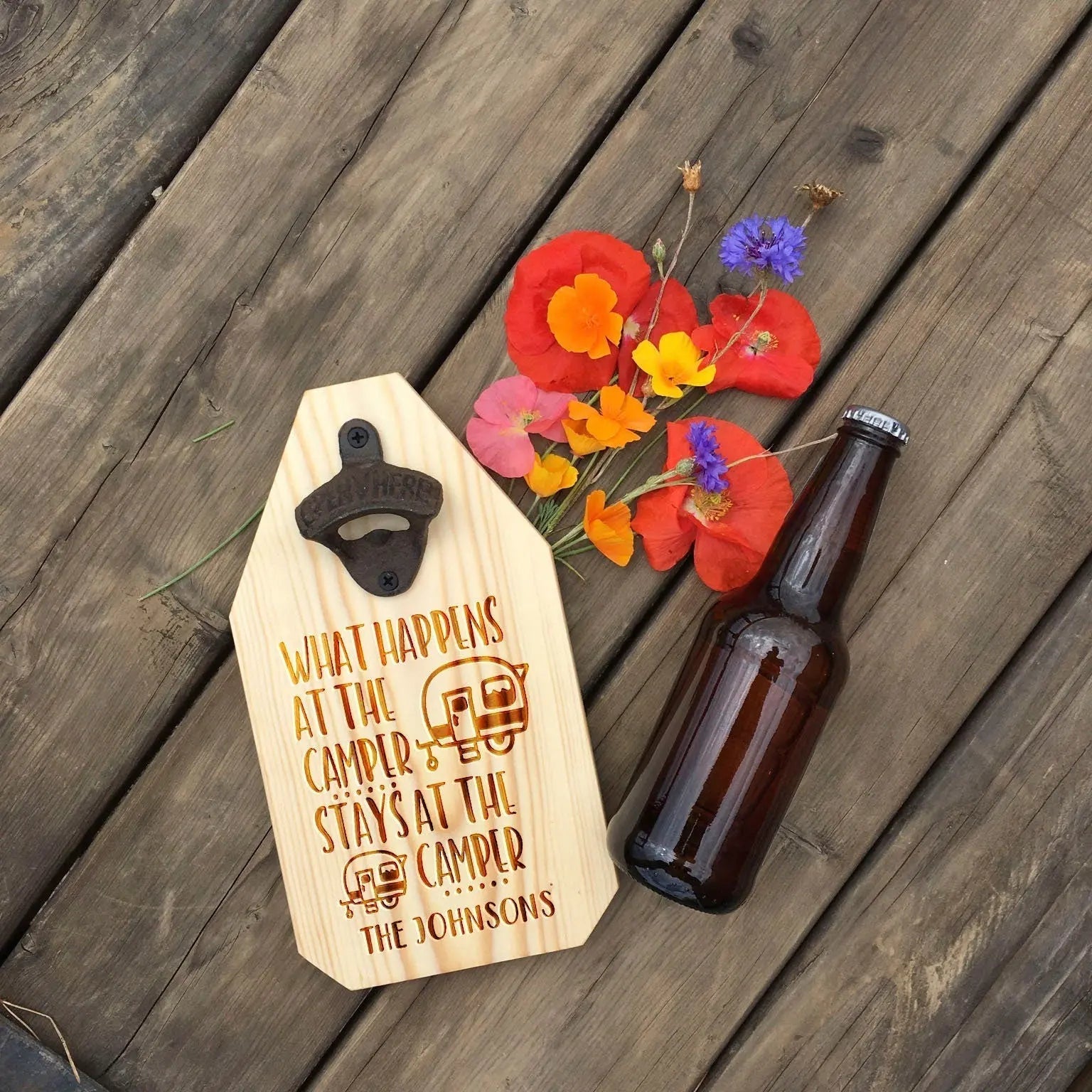 RV Camper Bottle Opener Wood Sign - What happens at the camper stays at the camper