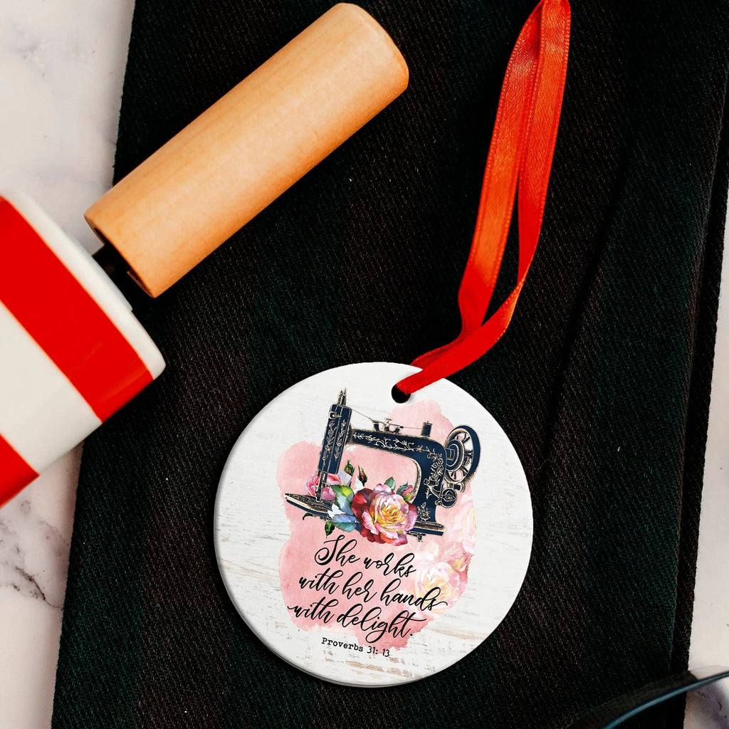 Proverbs 31 Ornament, Sewing Machine Christmas Ornament, Bible Verse Ornament, Proverbs 31 women gift for her, secret santa stocking stuffer