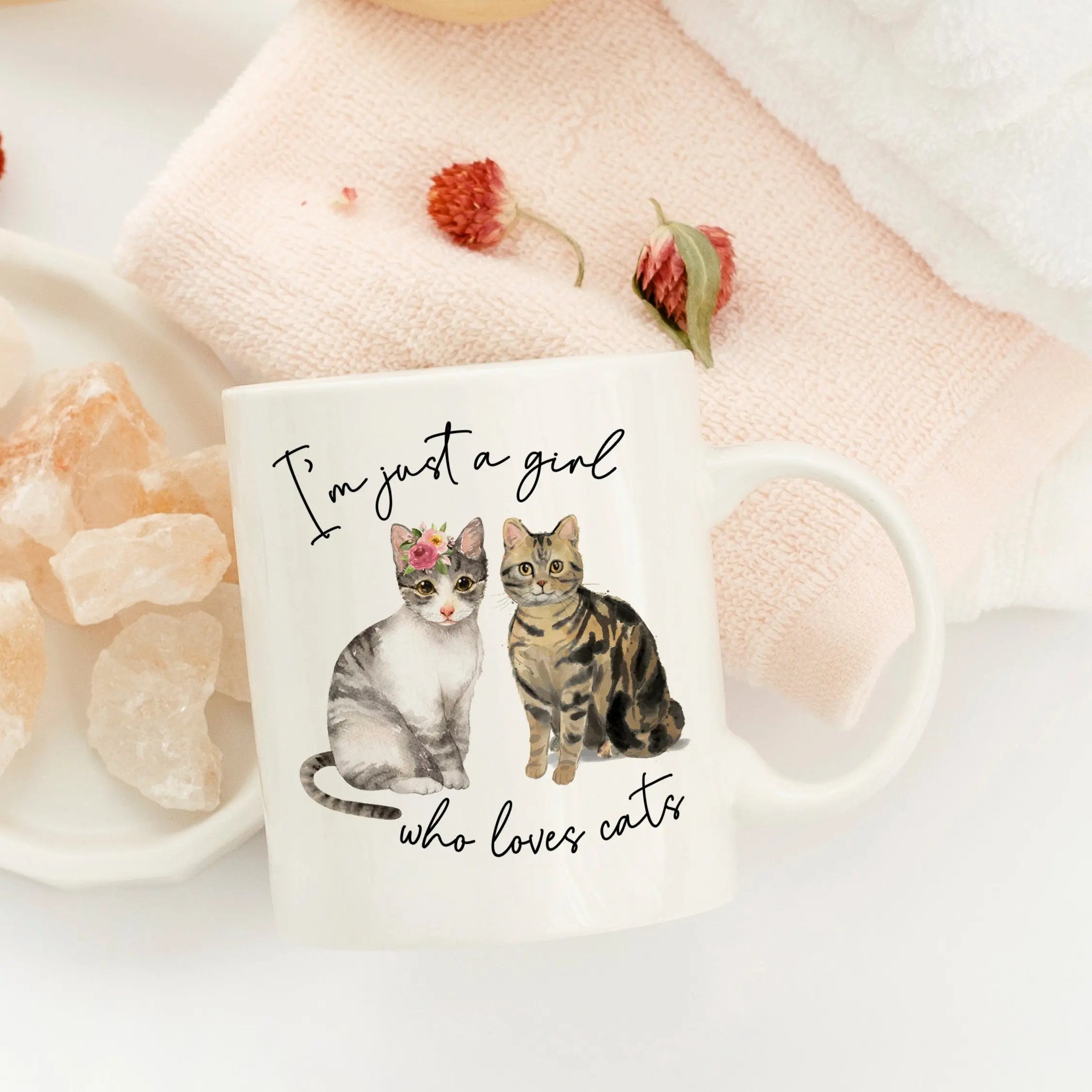 Cat Mug, Just a Girl who Loves Cats Coffee Mug, Cat gifts, Cat Coffee Mug, Floral Cat gifts for women, Gifts for Cat Lover, Stocking Stuffer