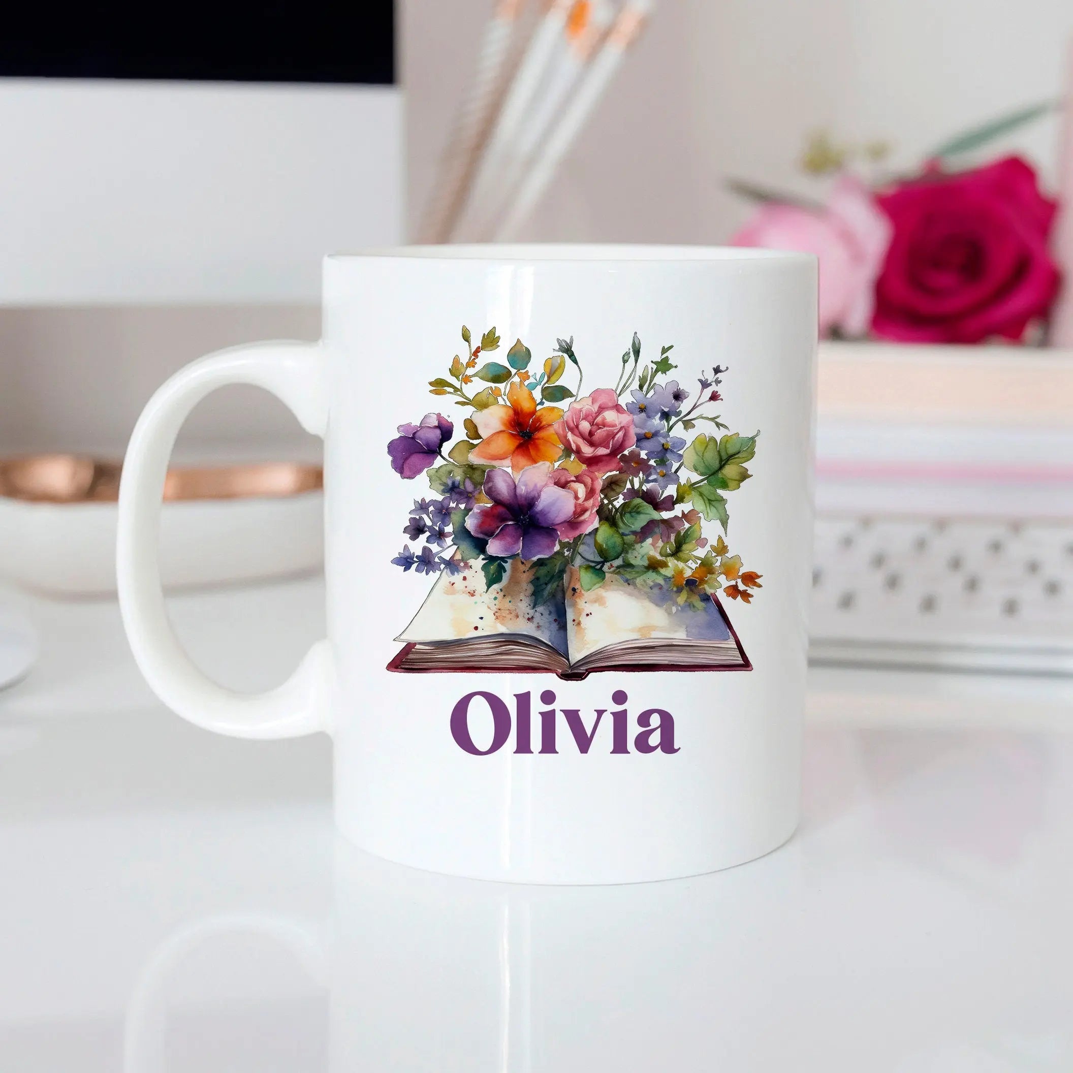 Personalized Name Coffee Mug for Women, floral books, book lover gift for teacher, library book reading mug, gift for book lovers, bookish