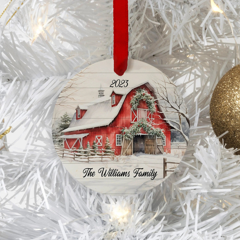 farmhouse christmas ornament, red barn personalized family farm ornament