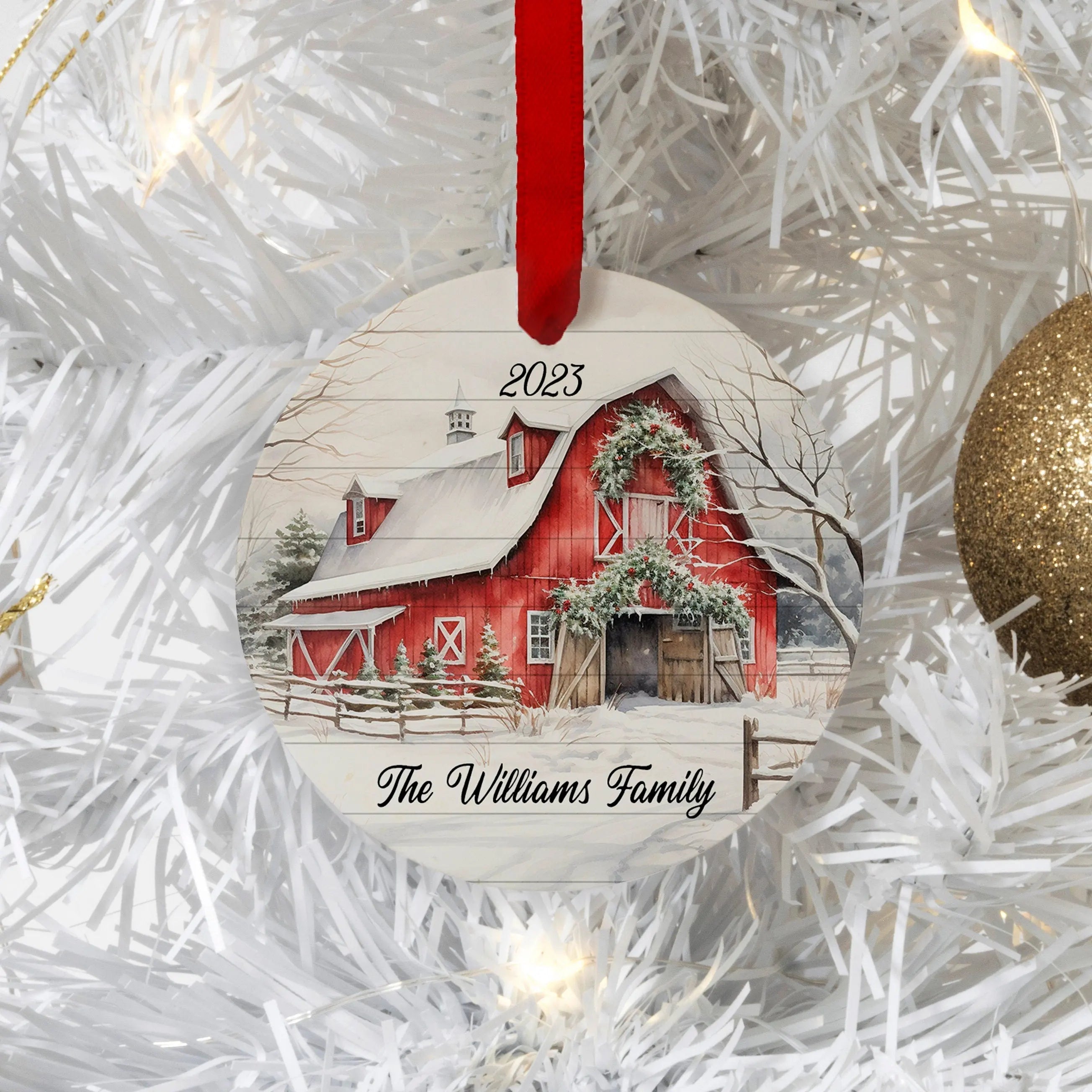 farmhouse christmas ornament, red barn personalized family farm ornament