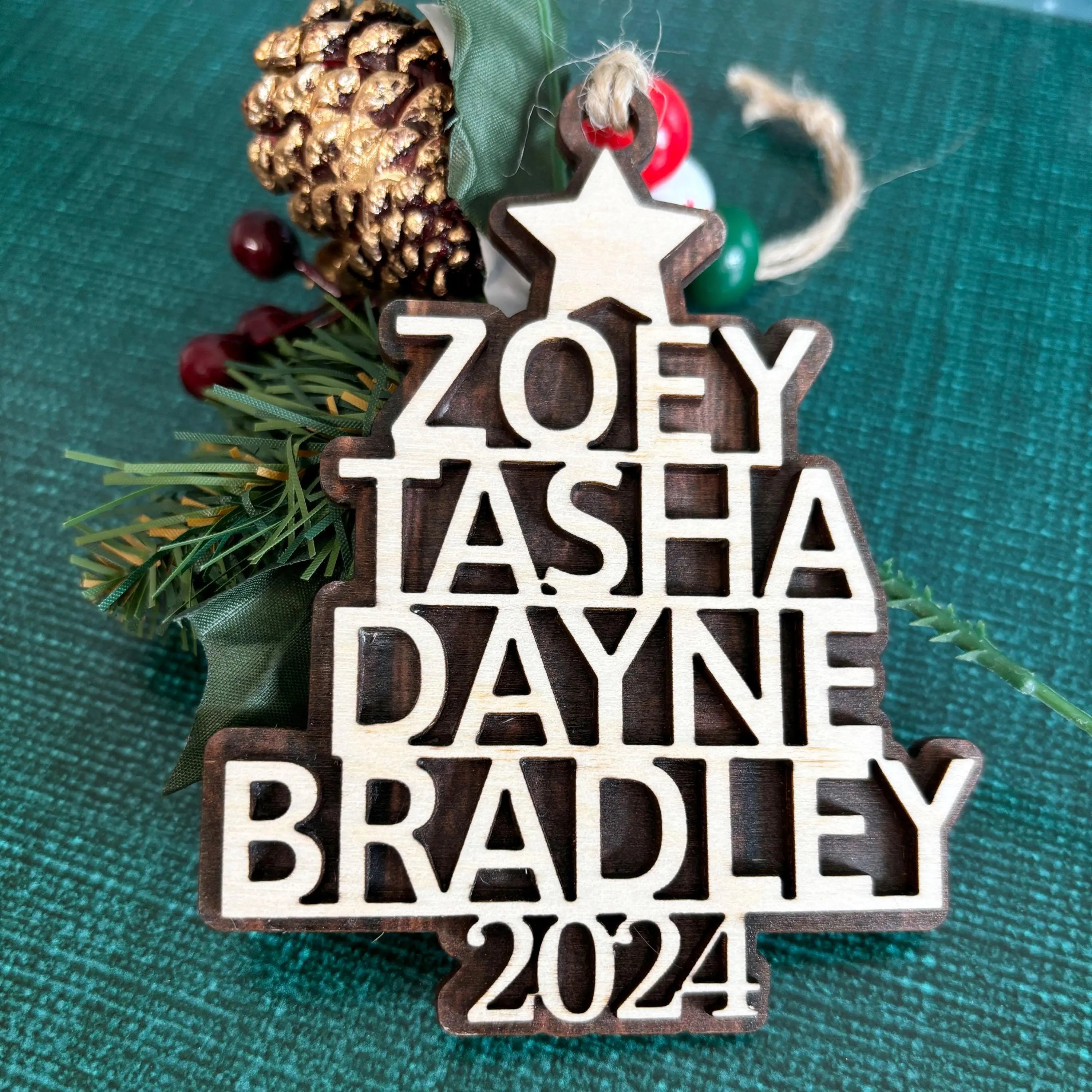 Custom Christmas Ornaments - Personalized Family Name Wood Ornament - Laser Cut Christmas Tree Decoration