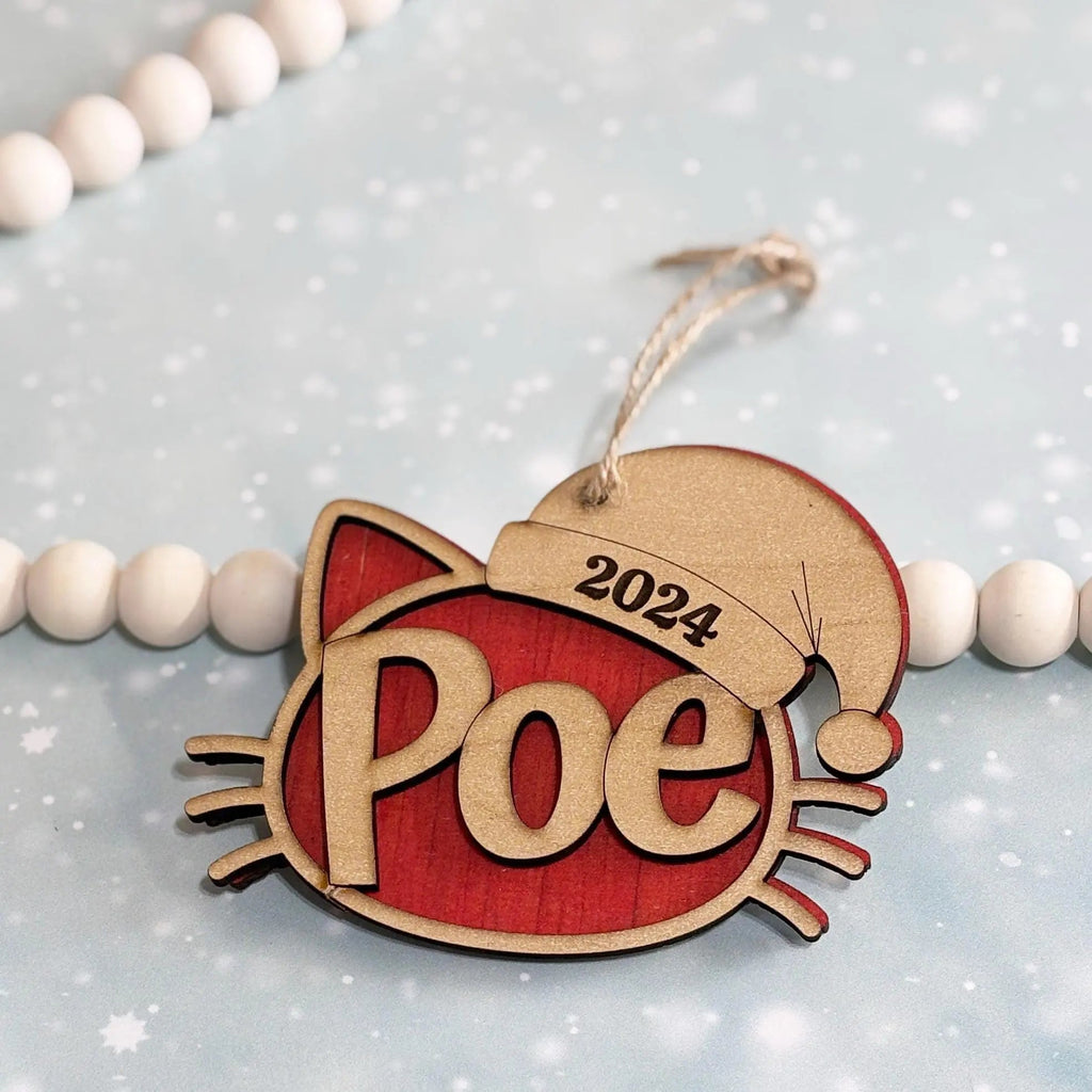 Personalized Cat Ornament Wooden Christmas Decoration Custom Pet Ornament 2024 Cat Face Santa Hat Tree Decor Handmade Wood Cat Lover Gift