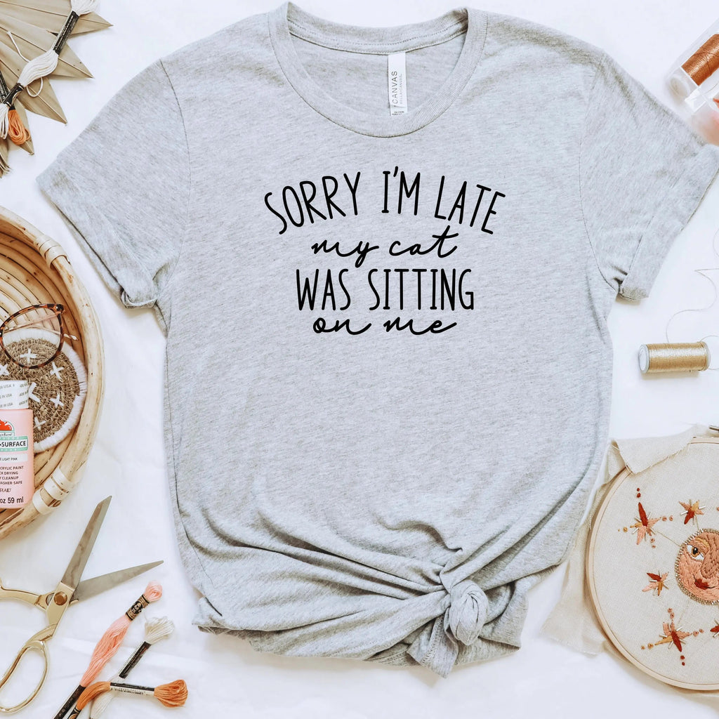 Funny Cat Shirt for Cat Mom - Sorry I'm Late, My Cat Was Sitting on Me Bella Canvas T-Shirt - Minimalist Aesthetic Introvert Homebody