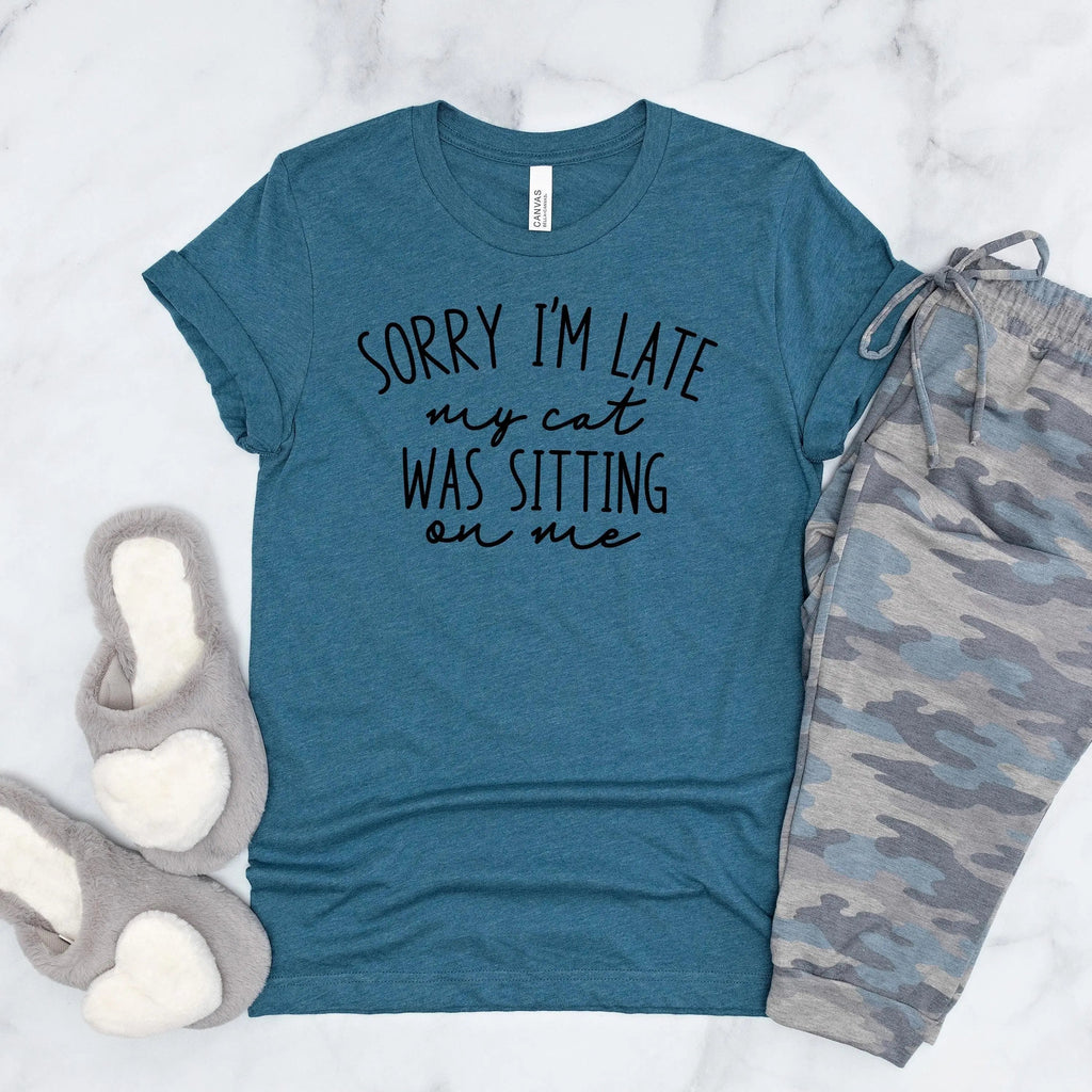Funny Cat Shirt for Cat Mom - Sorry I'm Late, My Cat Was Sitting on Me Bella Canvas T-Shirt - Minimalist Aesthetic Introvert Homebody