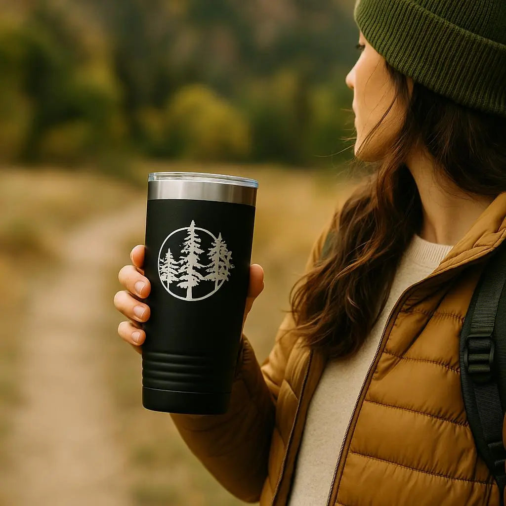 20 Oz Insulated Tumbler for Hiking – Laser-Engraved Pine Tree Design, Black Stainless Steel Travel Mug