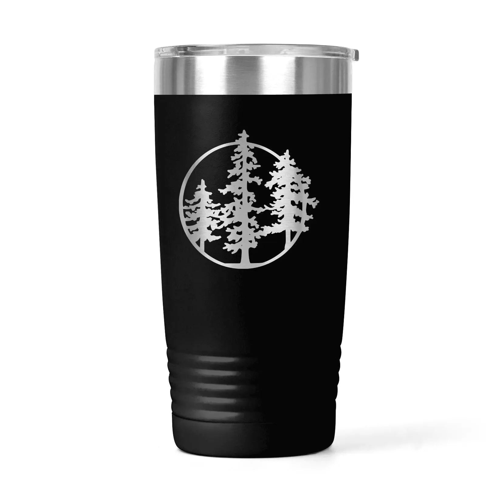 20 Oz Insulated Tumbler for Hiking – Laser-Engraved Pine Tree Design, Black Stainless Steel Travel Mug