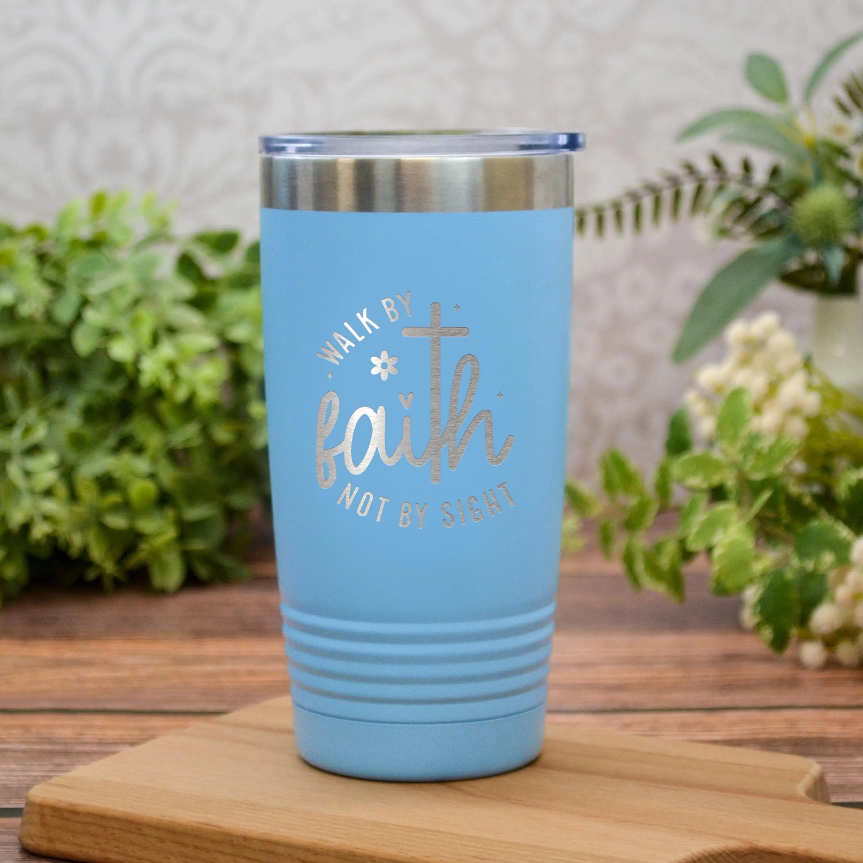 Christian Travel Tumbler with “Walk by Faith Not by Sight” Quote – Insulated Stainless Steel Pink Cup with Lid – Religious Gift for Women
