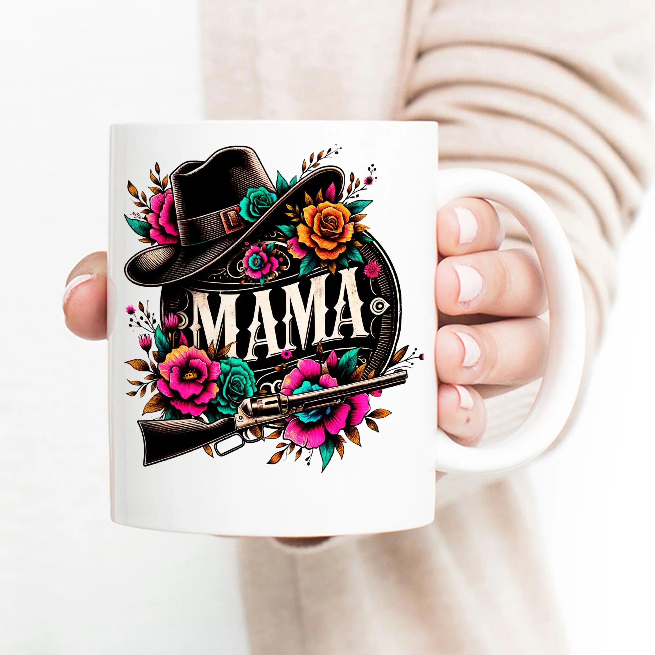 Cowgirl Mama Mug Western Floral Coffee Cup with Hat and Shotgun Design, Mother's Day Gift for Mom 11oz or 15oz, Rustic Country Style