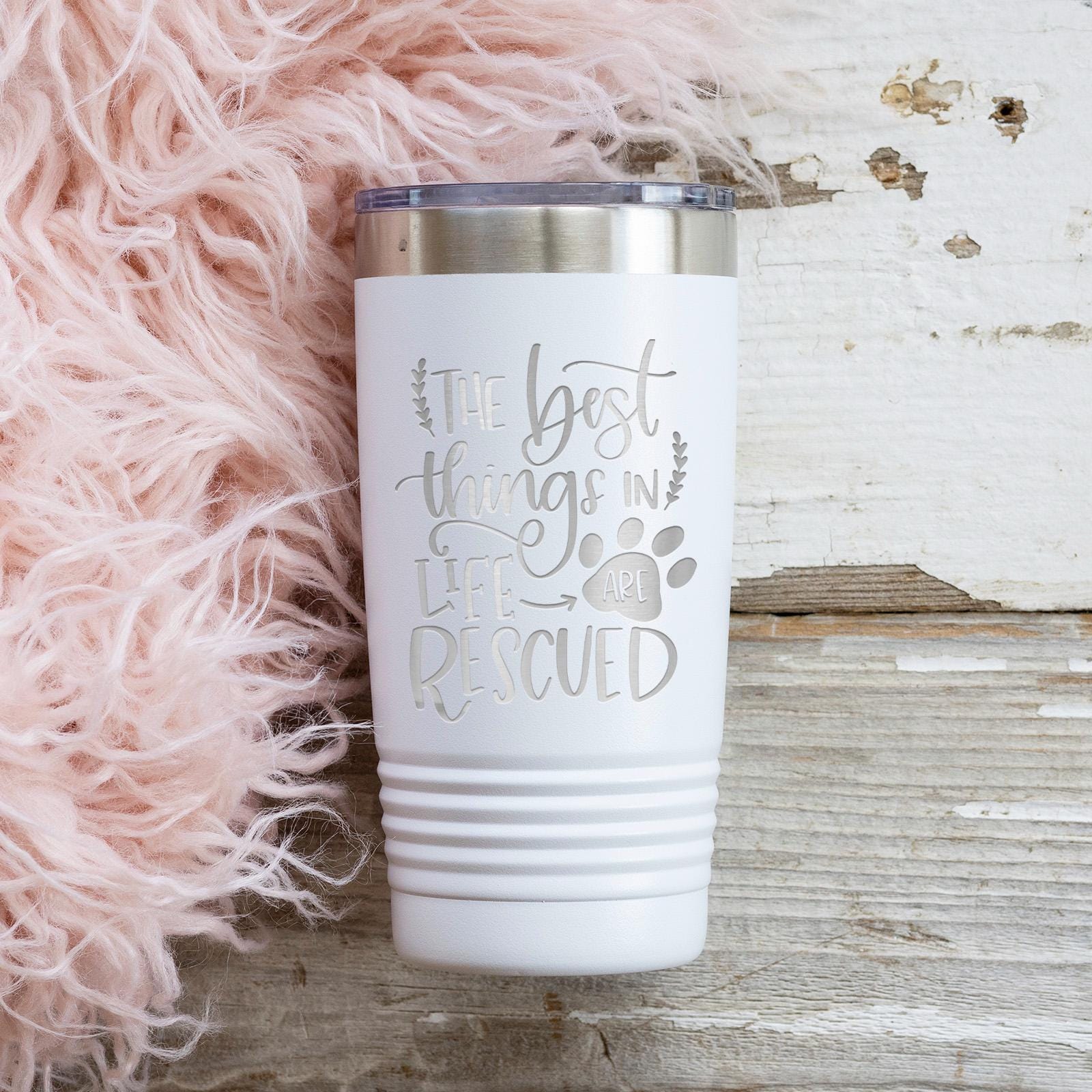 Dog Rescue Tumbler 20 oz Insulated Travel Mug, Pet Lover Gift, White Stainless Steel, Keeps Hot and Cold Drinks, Paw Print Design