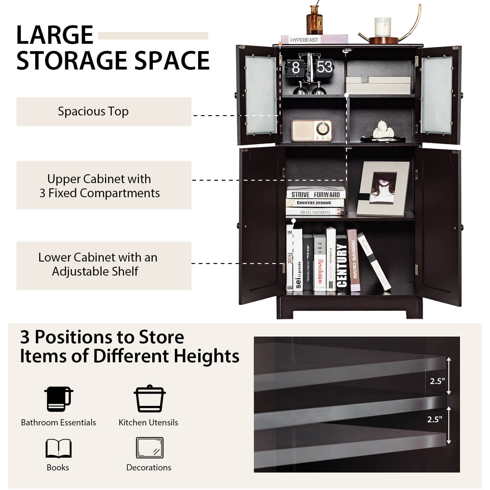 Bathroom Floor Storage Locker Kitchen Cabinet with Doors and Adjustable Shelf