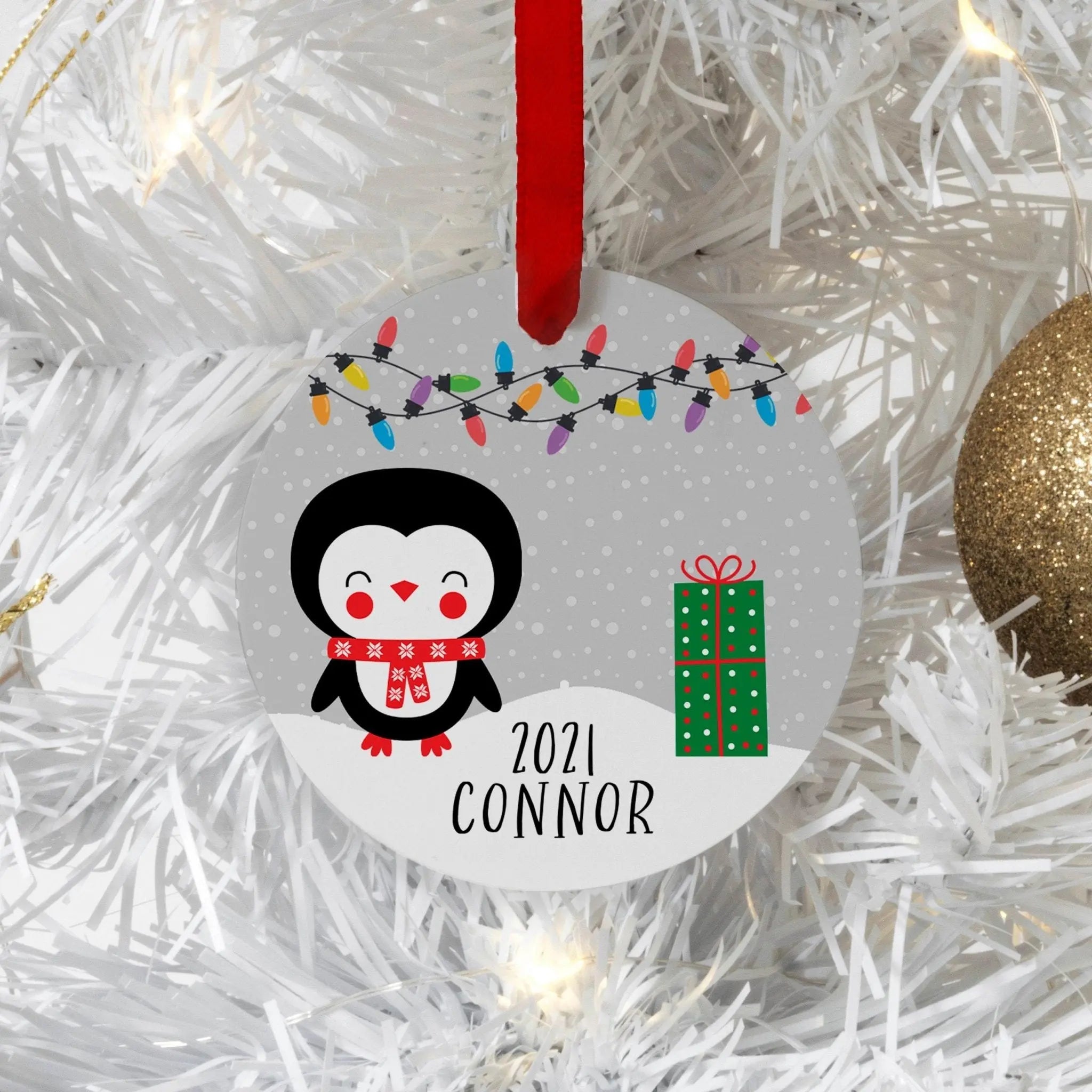 Penguin Tree Ornament, Personalized Penguin Christmas Ornament with Gifts and Lights, kids ornament personalized