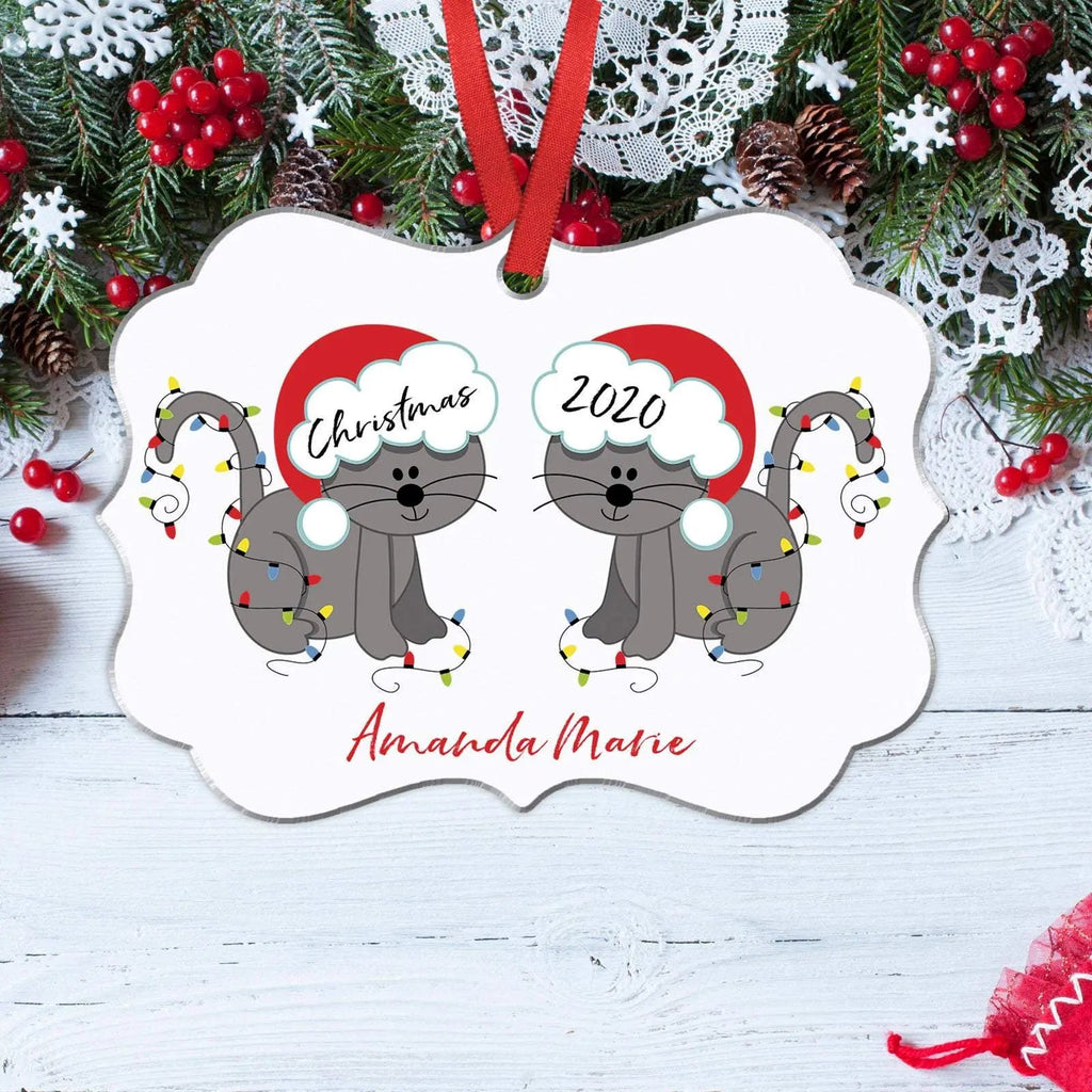 Personalized Cat Ornament, Christmas Ornament, cat lover gift, 2 gray cats, Christmas Gift for Cat Mom