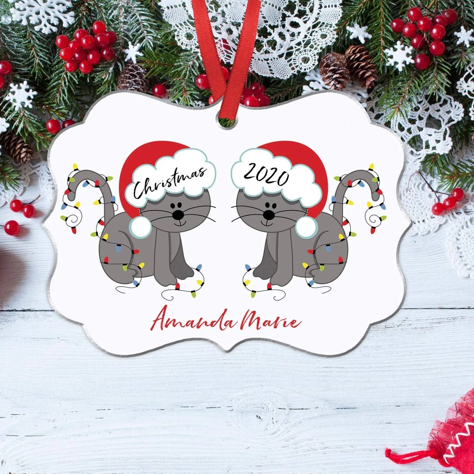 Personalized Cat Ornament, Christmas Ornament, cat lover gift, 2 gray cats, Christmas Gift for Cat Mom