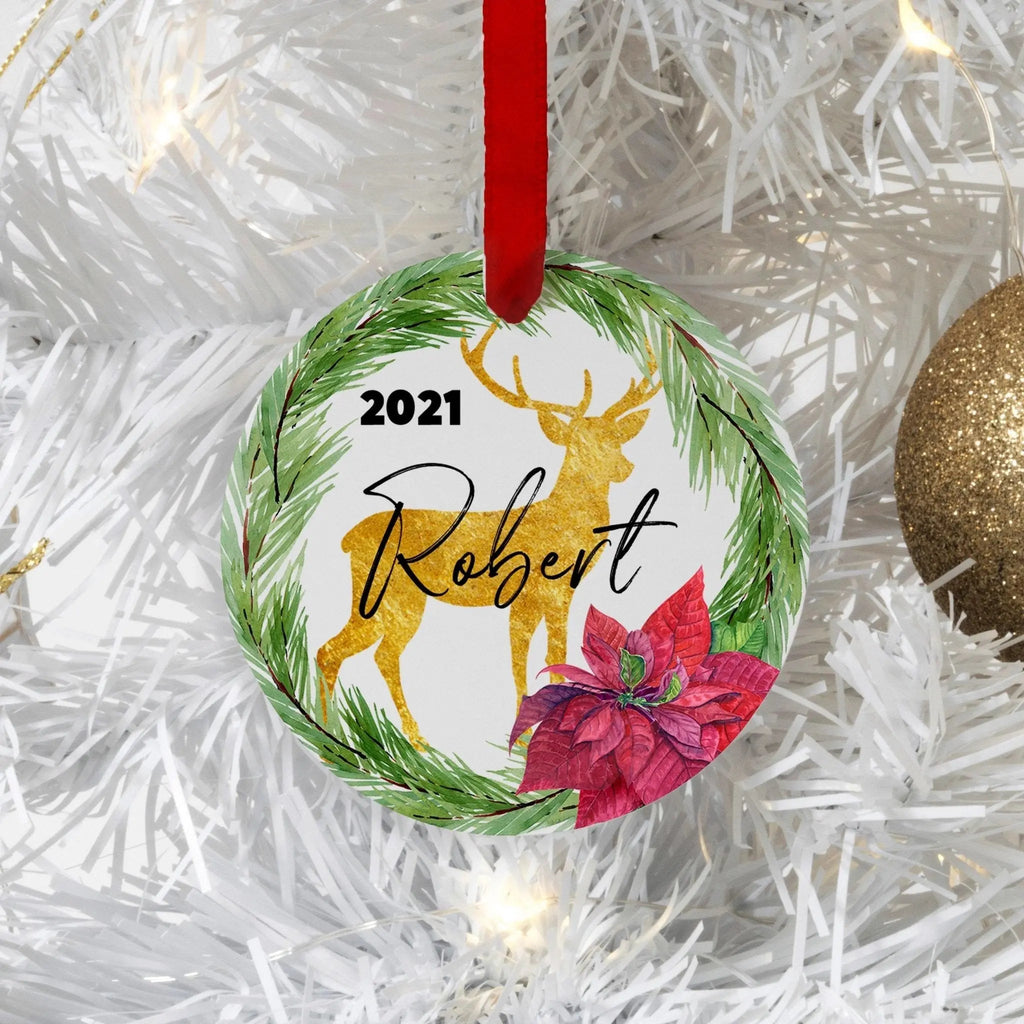 Personalized Christmas Ornament, Gold Reindeer Christmas Tree Ornament, Poinsettia & Fir wreath Personalized Tree Ornament