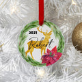 Personalized Christmas Ornament, Gold Reindeer Christmas Tree Ornament, Poinsettia & Fir wreath Personalized Tree Ornament