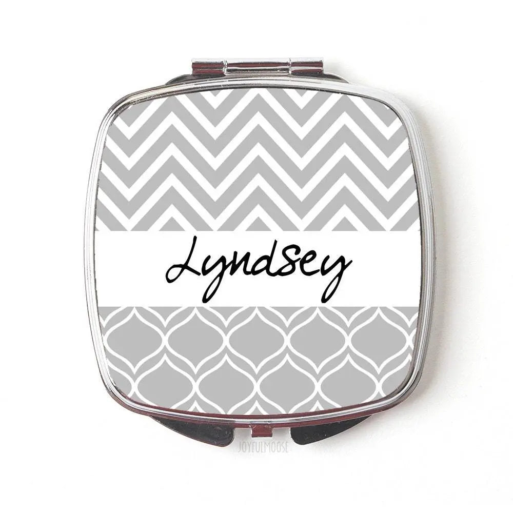 Personalized Compact Mirror, Gray Silver Wedding, compact mirror gift, Bridesmaid Compact Mirrors, small compact mirror, cute compact mirror