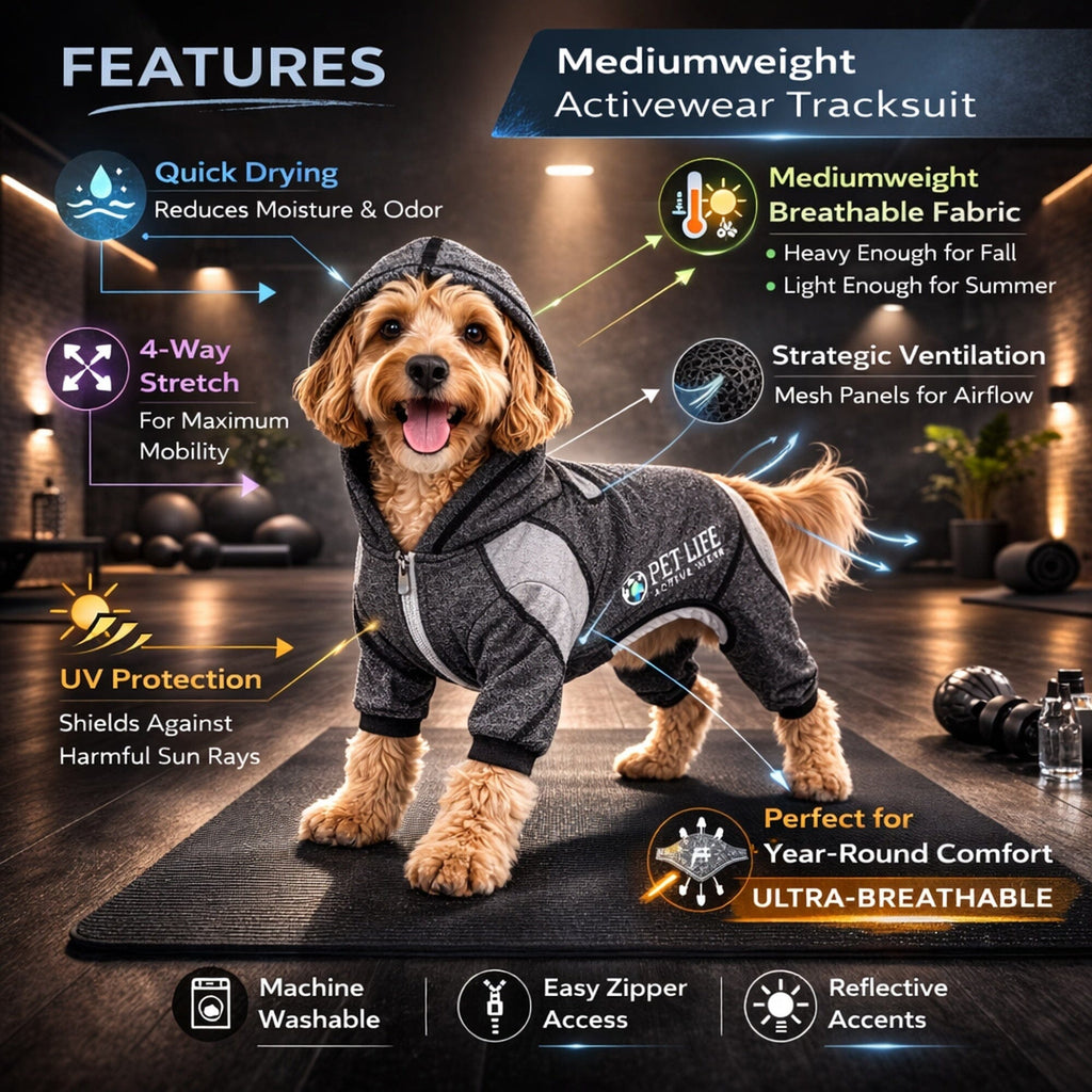 Pet Life ®  Active 'Fur-Breeze' Medium-weight 4-Way-Stretch Full Body Hooded Dog Yoga sweater