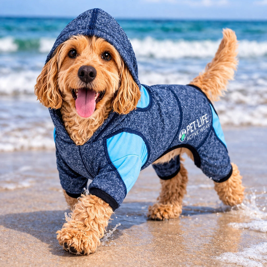 Pet Life ®  Active 'Fur-Breeze' Medium-weight 4-Way-Stretch Full Body Hooded Dog Yoga sweater