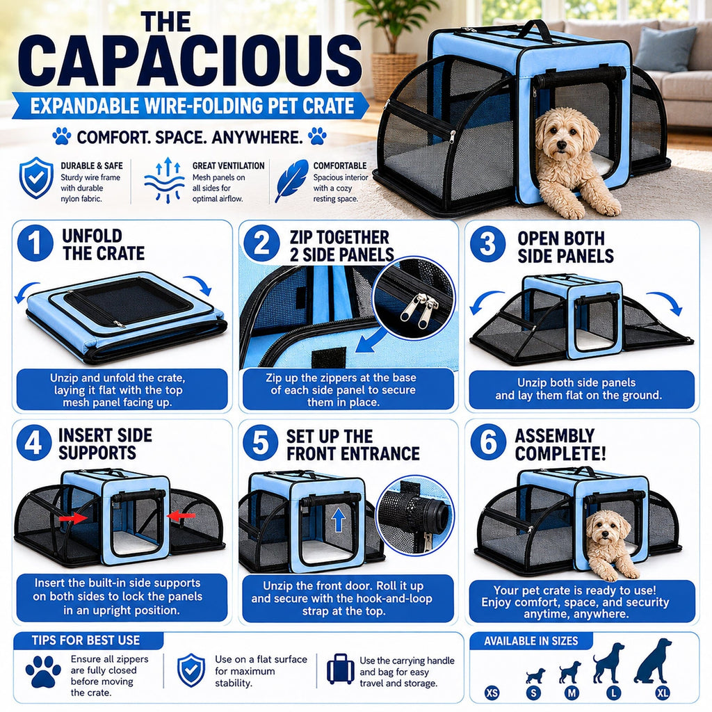 Pet Life ® 'Capacious' Dual-Sided Expandable Spacious Wire Folding Collapsible Lightweight Pet Dog Crate Carrier House