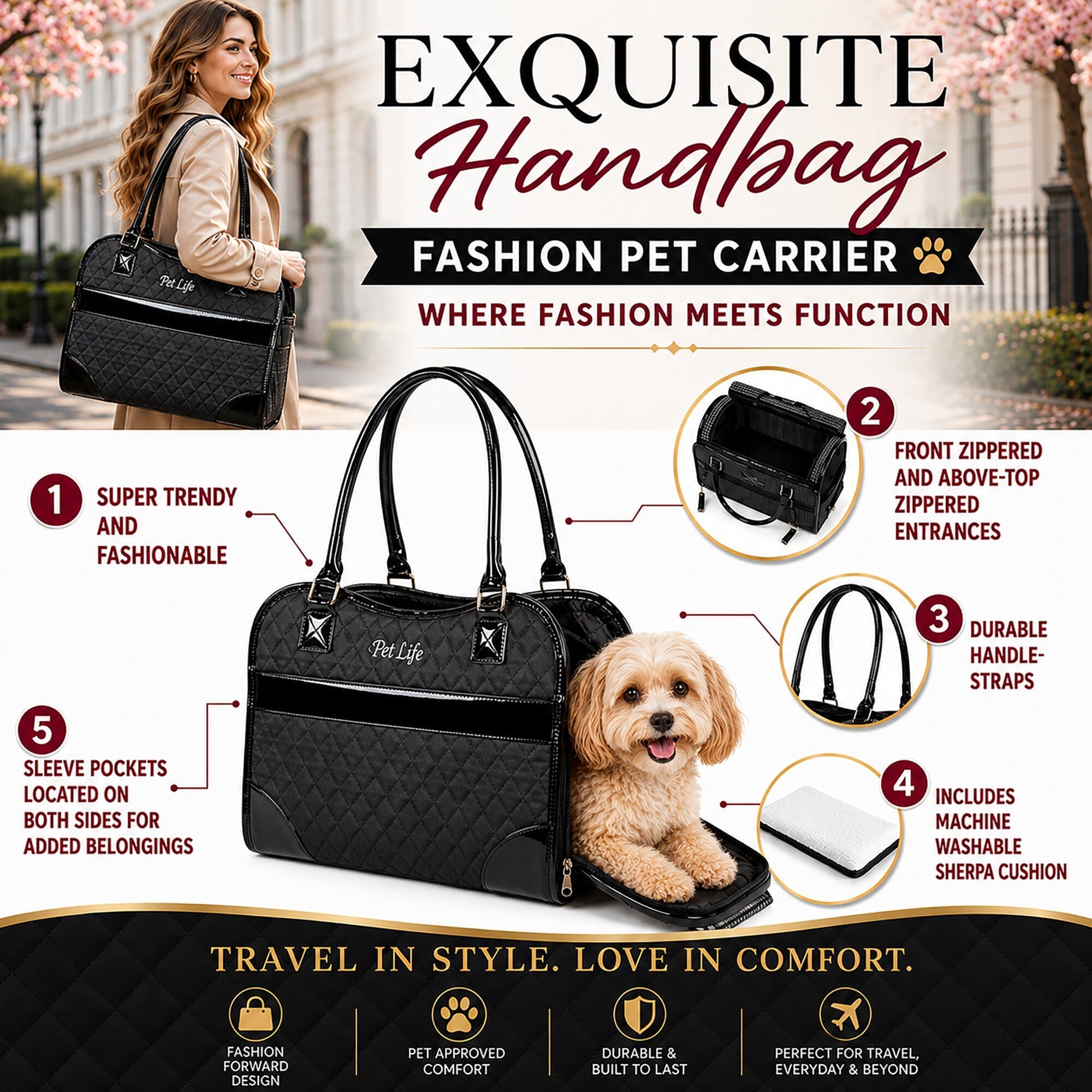 Pet Life ® Exquisite Airline Approved Designer Travel Pet Dog Handbag Carrier
