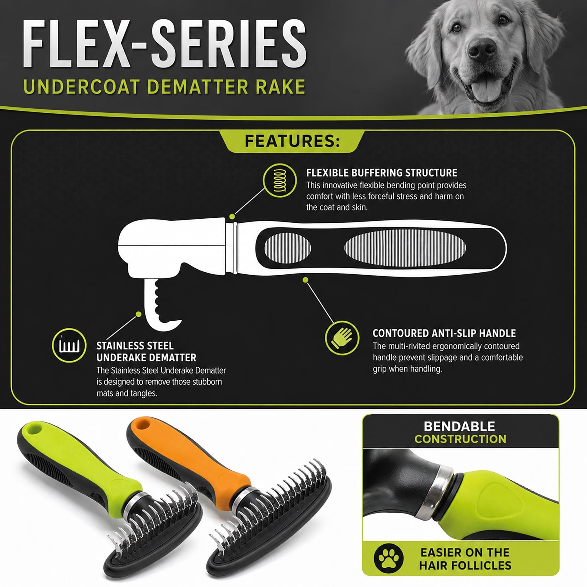 Pet Life ® Flex Series Undercoat Dematter Grooming Pet Rake